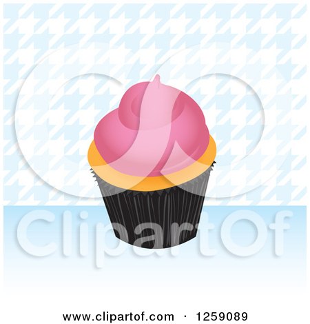 Clipart of a Cupcake with Pink Frosting over Blue Houndstooth - Royalty Free Vector Illustration by Arena Creative