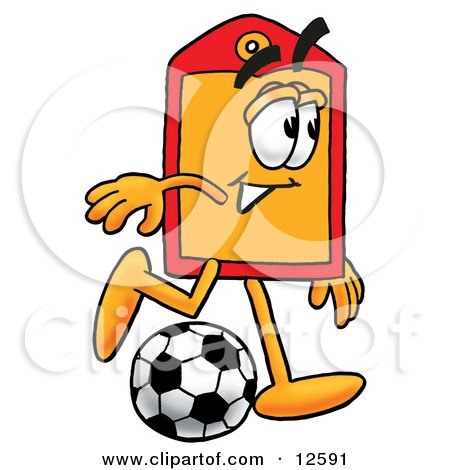 Clipart Picture of a Price Tag Mascot Cartoon Character Kicking a Soccer Ball by Mascot Junction