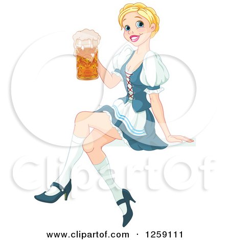 Clipart of a Happy Blond Oktoberfest Beer Maiden Woman Sitting - Royalty Free Vector Illustration by Pushkin
