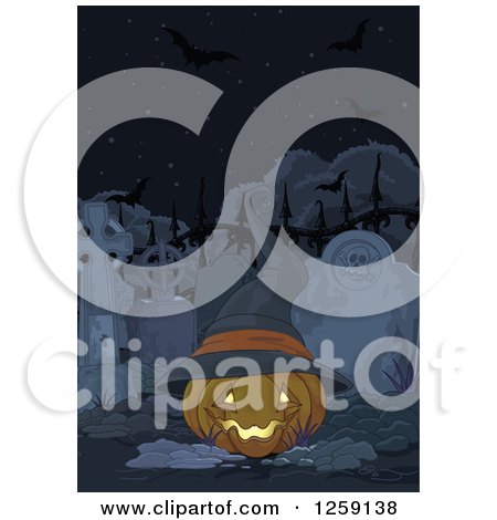 Clipart of a Halloween Jackolantern Pumpkin with a Wtich Hat in a Cemetery - Royalty Free Vector Illustration by Pushkin