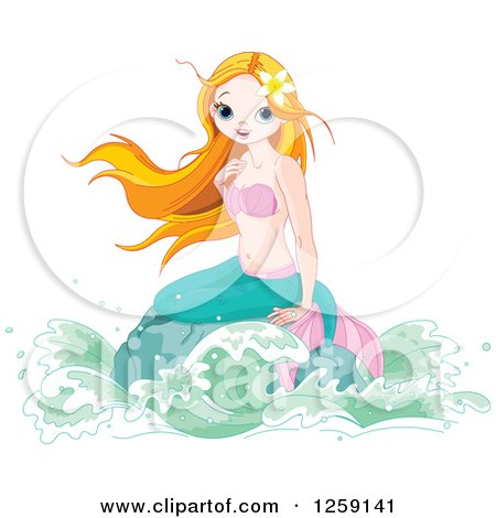 Clipart of a Pretty Red Haired Mermaid Sitting on a Rock - Royalty Free Vector Illustration by Pushkin