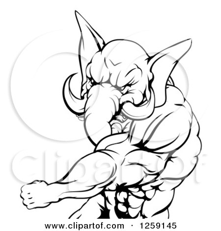 Clipart of a Black and White Punching Muscular Elephant Man Mascot - Royalty Free Vector Illustration by AtStockIllustration