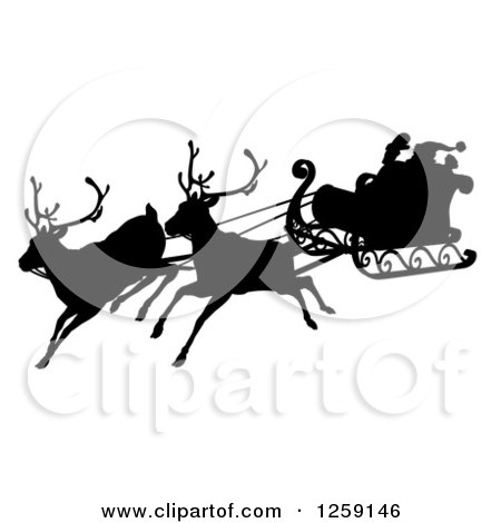 Clipart of a Black Silhouette of Santa Flying in a Magic Sleigh with Two Reindeer - Royalty Free Vector Illustration by AtStockIllustration
