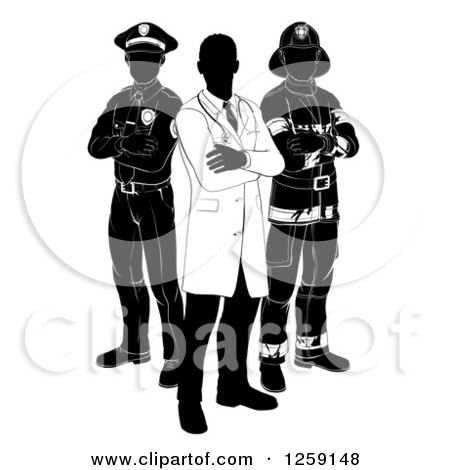Clipart of a Black and White Faceless Doctor Policeman and Firefighter Posing - Royalty Free Vector Illustration by AtStockIllustration