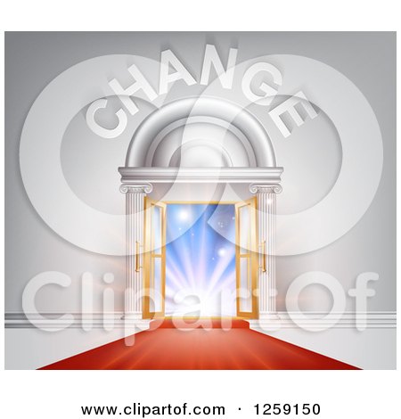 Clipart of Change over Open Doors with Sunshine and a Red Carpet - Royalty Free Vector Illustration by AtStockIllustration