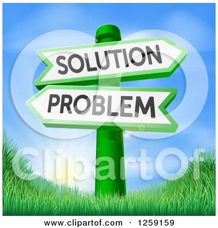 Clipart of Problem and Solution Arrow Directional Signs over Sunrise - Royalty Free Vector Illustration by AtStockIllustration