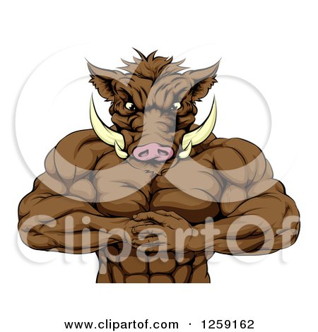 Clipart of a Muscular Aggressive Boar Man Mascot Gesturing Bring It - Royalty Free Vector Illustration by AtStockIllustration