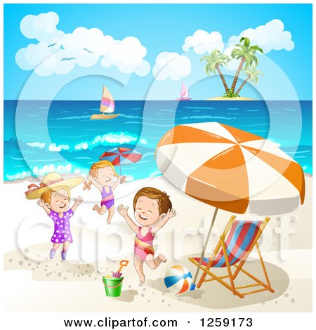 Clipart of Caucasian Girls Jumping on a Beach - Royalty Free Vector Illustration by merlinul