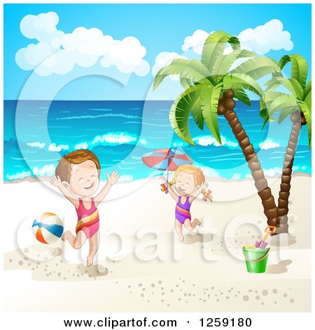 Clipart of a Caucasian Girls Jumping on a Tropical Beach - Royalty Free Vector Illustration by merlinul