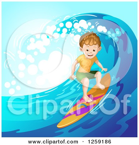 Clipart of a Sporty White Surfer Boy Riding a Wave - Royalty Free Vector Illustration by merlinul