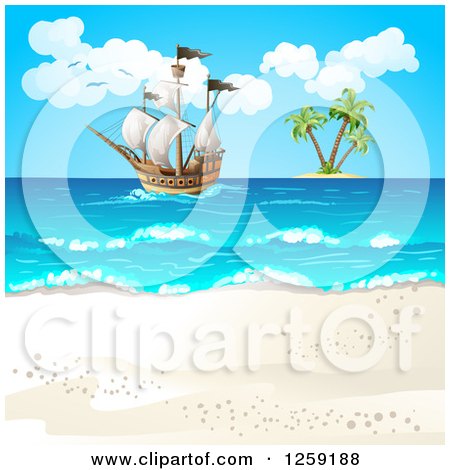 Clipart of a Ship out at Sea near an Island and Beach - Royalty Free Vector Illustration by merlinul