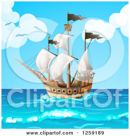 Clipart of a Ship out at Sea - Royalty Free Vector Illustration by merlinul