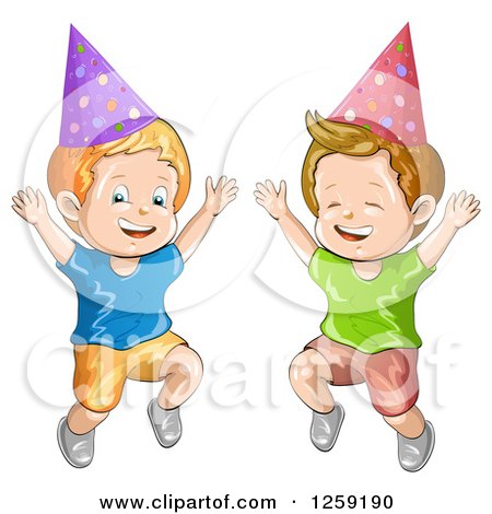 Clipart of Excited Caucasian Boys Wearing Party Hats and Jumping - Royalty Free Vector Illustration by merlinul