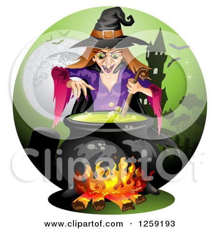 Clipart of an Evil Witch Mixing a Spell in a Cauldron over a Haunted House - Royalty Free Vector Illustration by merlinul