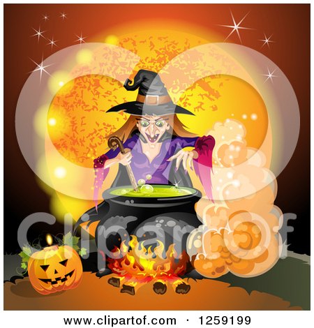 Clipart of an Evil Witch Mixing a Spell in a Cauldron over an Orange Full Moon - Royalty Free Vector Illustration by merlinul