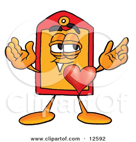 Clipart Picture of a Price Tag Mascot Cartoon Character With His Heart Beating Out of His Chest by Mascot Junction