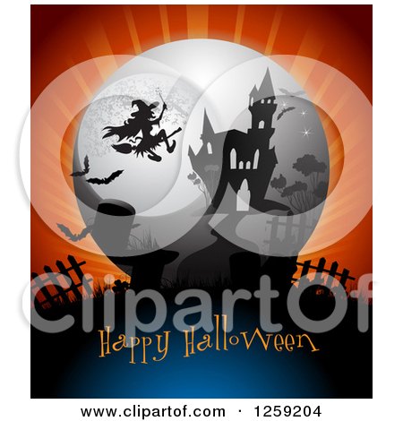 Clipart of a Flying Witch over a Haunted Mansion with Happy Halloween Text - Royalty Free Vector Illustration by merlinul
