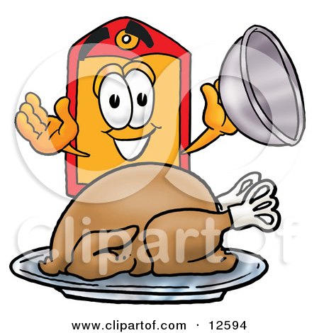 Clipart Picture of a Price Tag Mascot Cartoon Character Serving a Thanksgiving Turkey on a Platter by Mascot Junction