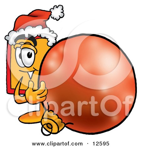 Clipart Picture of a Price Tag Mascot Cartoon Character Wearing a Santa Hat, Standing With a Christmas Bauble by Mascot Junction