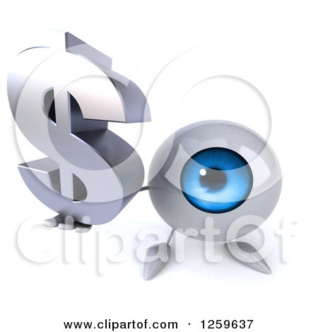 Clipart of a 3d Blue Eyeball Character Holding a Dollar Symbol