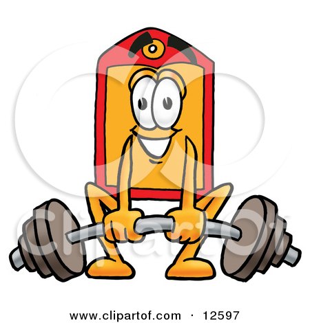 Clipart Picture of a Price Tag Mascot Cartoon Character Lifting a Heavy Barbell by Mascot Junction