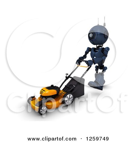 Clipart of a 3d Blue Android Robot Using a Lawn Mower - Royalty Free Illustration by KJ Pargeter