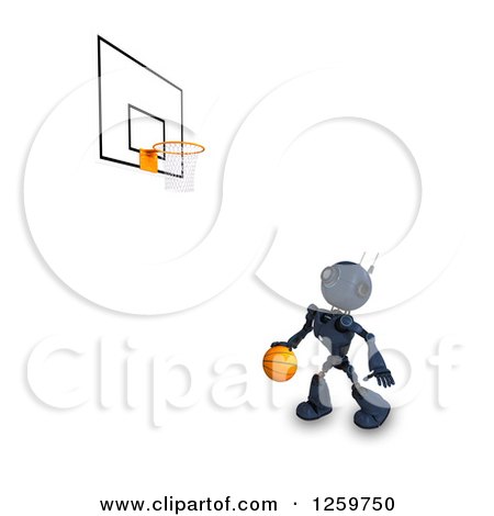 Clipart of a 3d Blue Android Robot Playing Basketball - Royalty Free Illustration by KJ Pargeter