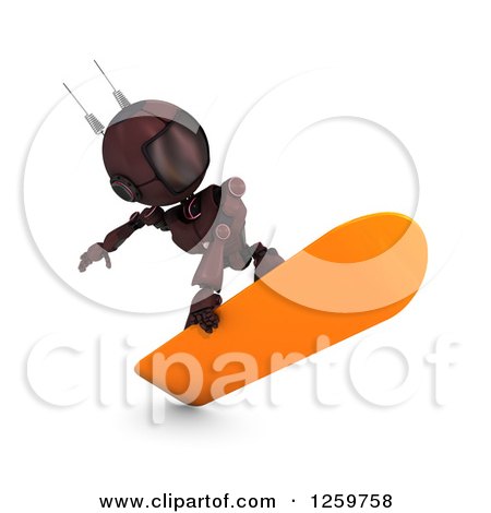 Clipart of a 3d Red Android Robot Snowboarding - Royalty Free Illustration by KJ Pargeter