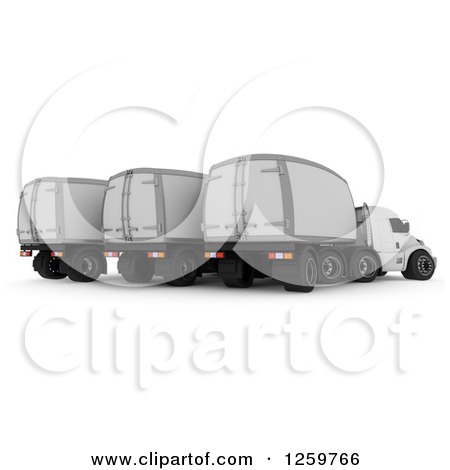 Clipart of a 3d Group of White Big Rig Trucks - Royalty Free Illustration by KJ Pargeter