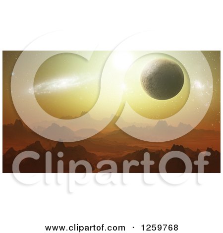Clipart of a 3d Foreign Rocky Landscape with Other Planets - Royalty Free Illustration by KJ Pargeter