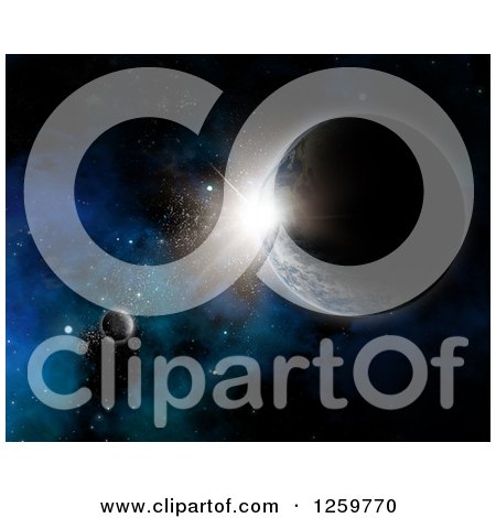 Clipart of a 3d Sun Rising Behind Planet Earth with Nebula and Stars - Royalty Free Illustration by KJ Pargeter