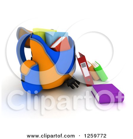 Clipart of a 3d Blue and Orange Backpack with Books and Binders - Royalty Free Illustration by KJ Pargeter