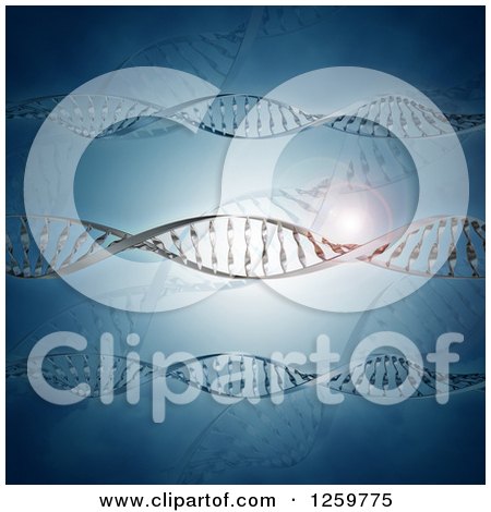 Clipart of a Blue Background with 3d DNA Strands and Flares - Royalty Free Illustration by KJ Pargeter