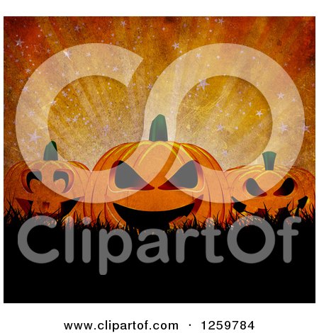 Clipart of a Grungy Dark Halloween Background of Jackolanterns over Grass and Rays - Royalty Free Illustration by KJ Pargeter