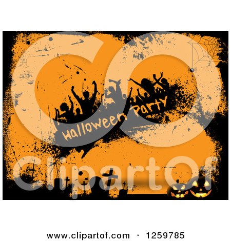 Clipart of a Halloween Party Banner with Silhouetted Dancers over Orange with Grunge Cemetery Borders - Royalty Free Vector Illustration by KJ Pargeter