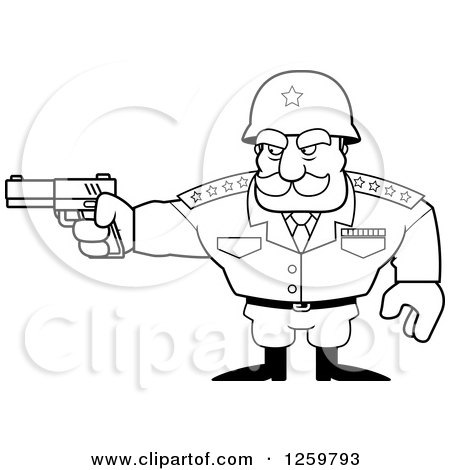 Clipart of a Black and White Army General Man Holding a Gun Lineart Drawing - Royalty Free Vector Illustration by Cory Thoman