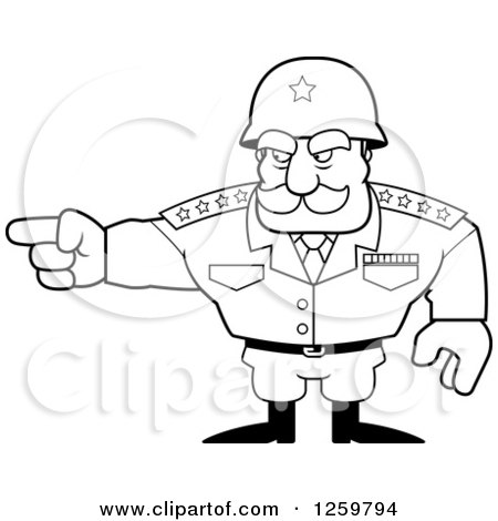 Clipart of a Black and White Army General Man Pointing Lineart Drawing - Royalty Free Vector Illustration by Cory Thoman