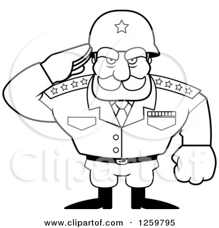 Clipart of a Black and White Army General Man Saluting Lineart Drawing - Royalty Free Vector Illustration by Cory Thoman