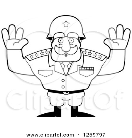 Clipart of a Black and White Army General Man Surrendering Lineart Drawing - Royalty Free Vector Illustration by Cory Thoman