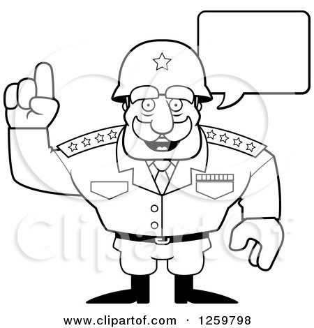 Clipart of a Black and White Army General Man Talking Lineart Drawing - Royalty Free Vector Illustration by Cory Thoman