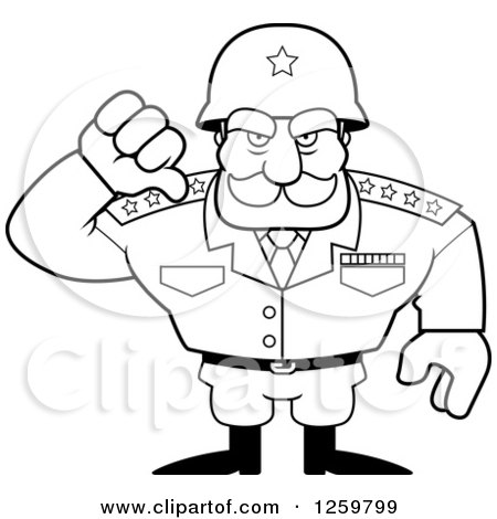 Clipart of a Black and White Army General Man Holding a Thumb down Lineart Drawing - Royalty Free Vector Illustration by Cory Thoman