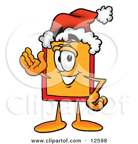 Clipart Picture of a Price Tag Mascot Cartoon Character Wearing a Santa Hat and Waving by Mascot Junction