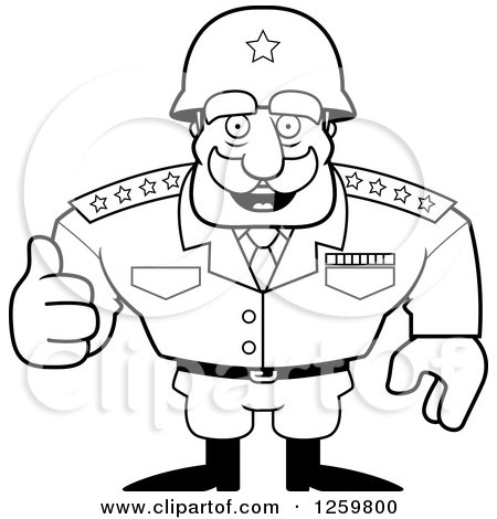 Clipart of a Black and White Army General Man Holding a Thumb up Lineart Drawing - Royalty Free Vector Illustration by Cory Thoman