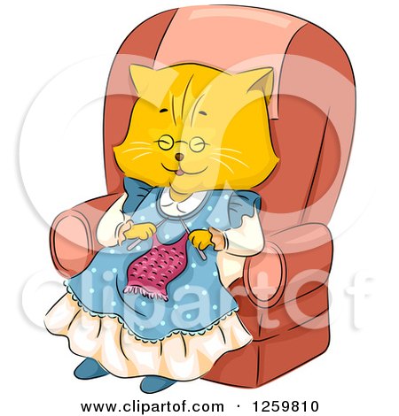 Clipart of a Happy Ginger Cat Granny Knitting in a Chair - Royalty Free Vector Illustration by BNP Design Studio