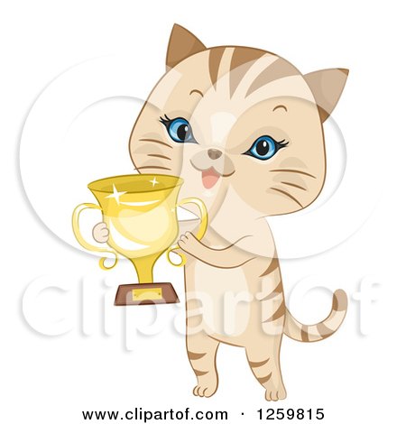 Clipart of a Cute Beige Cat Holding a Trophy Cup - Royalty Free Vector Illustration by BNP Design Studio