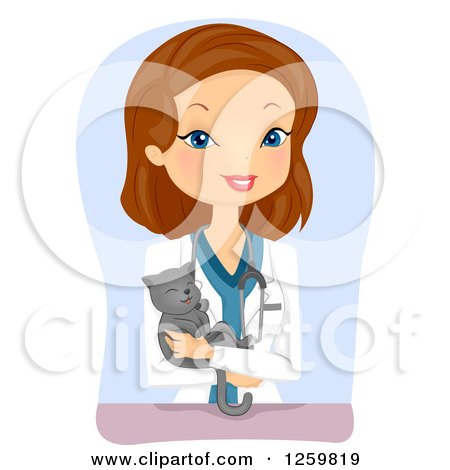 Clipart of a Happy Brunette White Woman Veterinarian Holding a Cat - Royalty Free Vector Illustration by BNP Design Studio