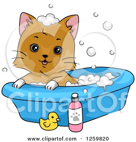 Clipart of a Happy Brown Cat Taking a Bubble Bath - Royalty Free Vector Illustration by BNP Design Studio