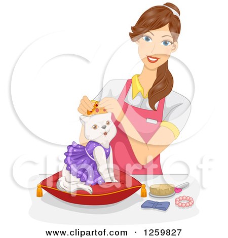 Clipart of a Brunette Caucasian Woman Dressing up a Spoiled Cat - Royalty Free Vector Illustration by BNP Design Studio