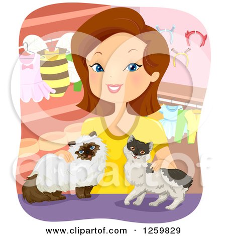 Clipart of a White Woman Boutique Owner with Two Cats - Royalty Free Vector Illustration by BNP Design Studio