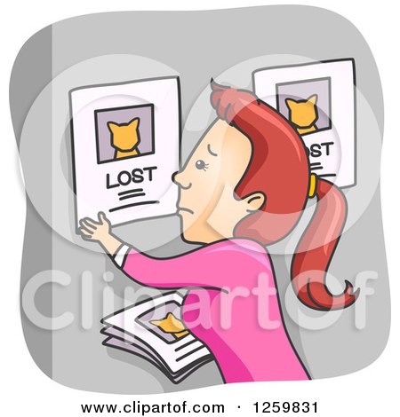 Clipart of a Sad Caucasian Woman Posting a Lost Cat Sign - Royalty Free Vector Illustration by BNP Design Studio